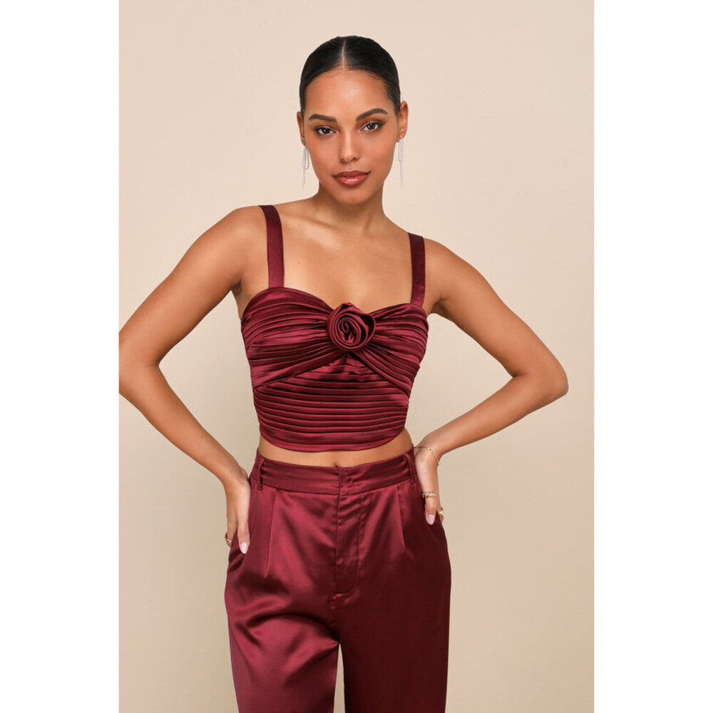 Lulus Flawless Behavior Burgundy Satin Pleated Rosette Tank Top Red - Size M